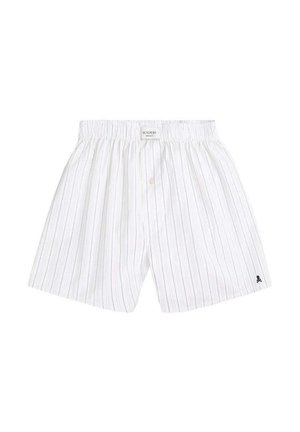 Pantalones cortos de algodón a rayas blancas con cintura elástica, cierre con botones y pequeño logo en la pierna izquierda. Diseño sencillo y transpirable.