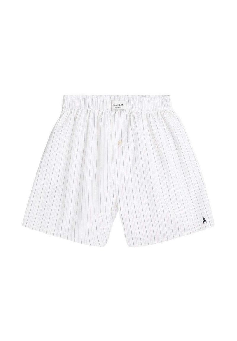 Pantalones cortos de algodón a rayas blancas con cintura elástica, cierre con botones y pequeño logo en la pierna izquierda. Diseño sencillo y transpirable.