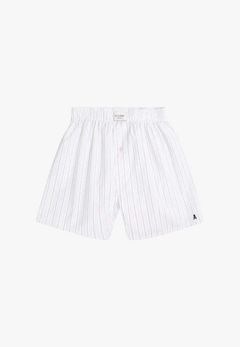 Pantalones cortos de algodón a rayas blancas con cintura elástica, cierre con botones y pequeño logo en la pierna izquierda. Diseño sencillo y transpirable.