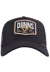 Svart caps med buet skjerm, netting på sidene, og et rektangulært patch med "DJINNS" og palmetre-grafikk i gull- og hvitbroderi.