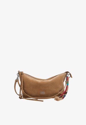 Jasnobrązowa torba na ramię z zamszu z srebrnym zamkiem błyskawicznym, logo marki „Bimba y Lola” oraz kolorowym plecionym frędzlem przyczepionym do paska.