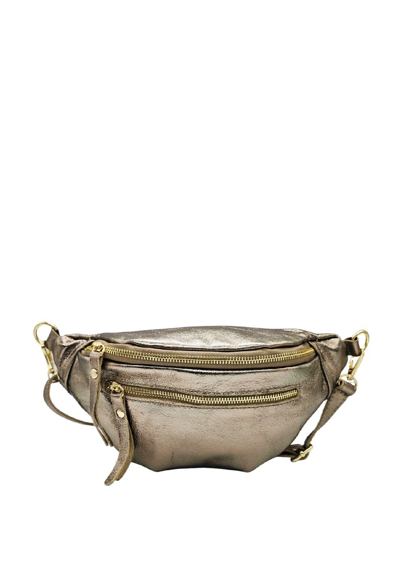 Sac à bandoulière en bronze métallique avec deux poches zippées, texture en cuir, quincaillerie dorée et sangle ajustable. Design compact et arrondi.