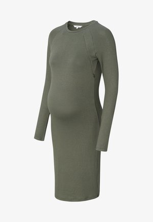 Schwangerschaftskleid, lange Ärmel, aus olivgrünem Stoff. Figurbetontes Design mit seitlichem Reißverschluss für einfaches An- und Ausziehen. Sanfte Textur, knielang.