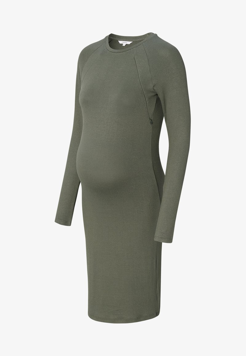 Schwangerschaftskleid, lange Ärmel, aus olivgrünem Stoff. Figurbetontes Design mit seitlichem Reißverschluss für einfaches An- und Ausziehen. Sanfte Textur, knielang.