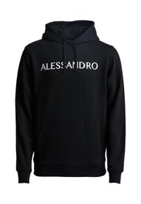 Felpa nera con tasca frontale, cappuccio regolabile con cordino e logo "ALLESSANDRO" in bianco. Tessuto morbido, vestibilità casual. Polsini e orlo a coste.
