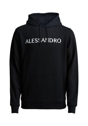Felpa nera con tasca frontale, cappuccio regolabile con cordino e logo "ALLESSANDRO" in bianco. Tessuto morbido, vestibilità casual. Polsini e orlo a coste.