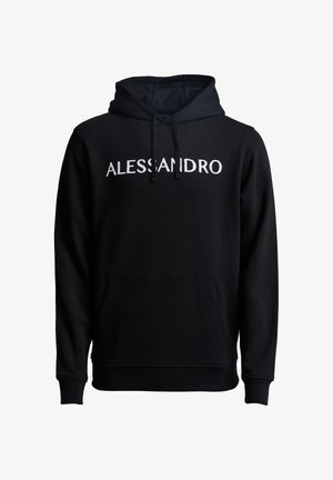 Zwarte hoodie met een voorzak, capuchon met trekkoord en het "ALLESSANDRO" logo in het wit. Zachte stof, casual pasvorm. Ribgebreide manchetten en onderrand.