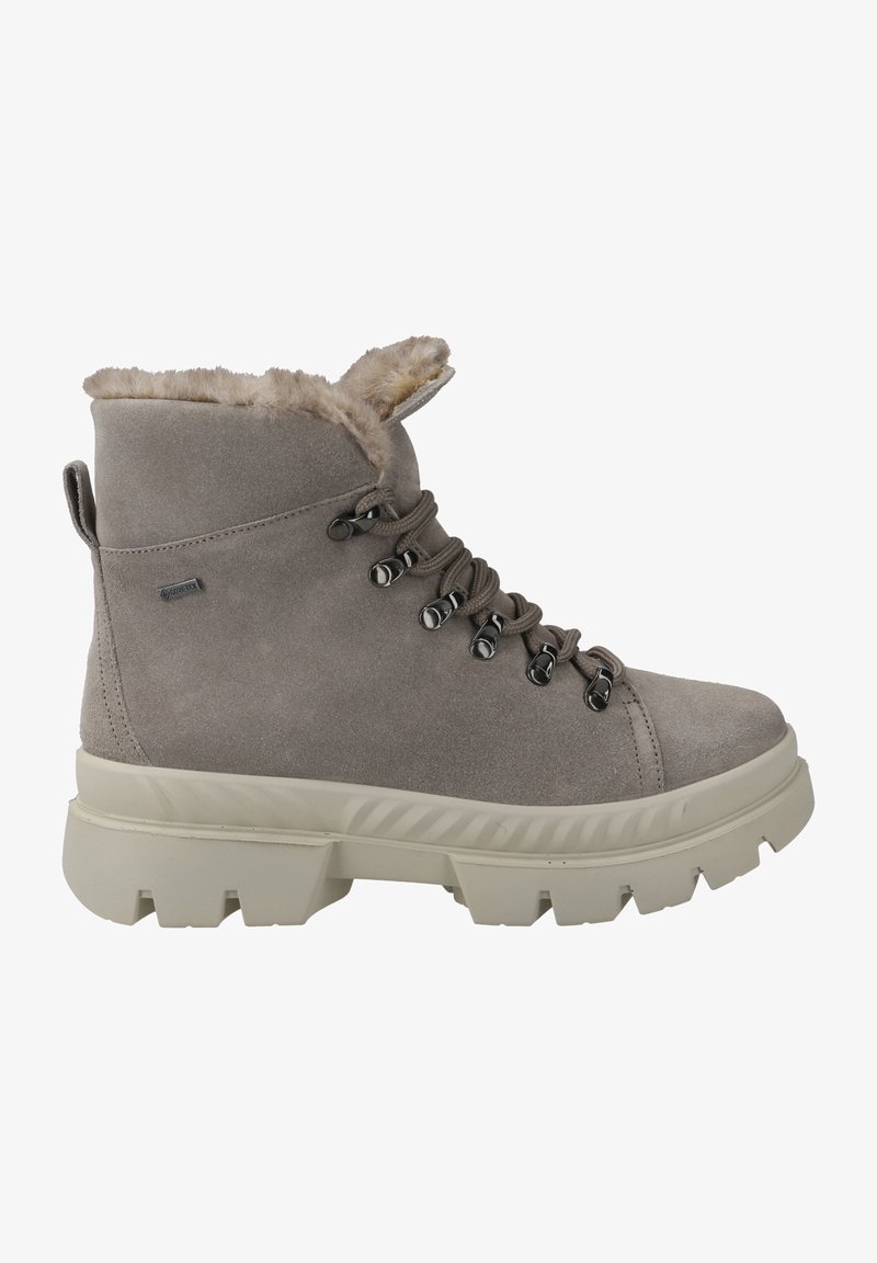 Graue Wildleder-Ankle-Boots mit Kunstfellbesatz, vorderer Schnürung, metallischen Ösen und einer dicken weißen Gummisohle. Entworfen für Komfort und Unterstützung.