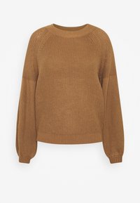 Brun stickad tröja med rund halslinning, raglanärmar och ribbade muddar. Har ett strukturerat mönster genom hela tyget.