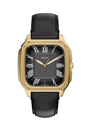 Orologio quadrato in oro con quadrante nero, numeri romani, indicatore della data alle 6 e cinturino in pelle nera, che mostra le 10:10:37.