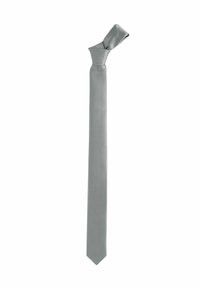 Grau gebundene Krawatte mit strukturiertem Muster, schlanker Form und spitzem Ende. Besitzt ein geknotetes Design oben und besteht aus einem glatten Stoff.