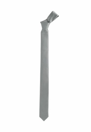 Grau gebundene Krawatte mit strukturiertem Muster, schlanker Form und spitzem Ende. Besitzt ein geknotetes Design oben und besteht aus einem glatten Stoff.