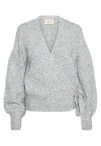 Pull cache-cœur gris clair en maille avec manches longues bouffantes et fermeture par nouage sur le côté, poignets et ourlet côtelés.