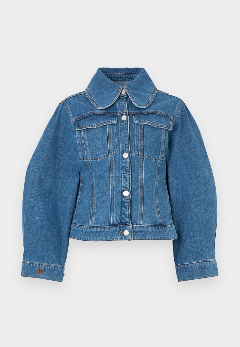 Blue denim jacket with a classic collar, front pockets, button closure, and puffed long sleeves. Stitching is visible along seams.