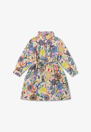 Jurk met bloemmotief in zachte beige stof. Voorzien van een kraag, knoopsluiting aan de voorkant, lange mouwen en een tailleband met levendige bloemenpatronen.
