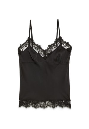 Černá saténová top s krajkovým lemem. Výstřih do V, nastavitelná ramínka a květinový krajkový vzor podél výstřihu a lemu. Hladká textura.