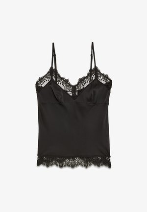 Crna satenasta majica na bretele s čipkastim rubom. V-izrez, podesive bretele i cvjetni čipkasti dizajn uz izrez i donji rub. Glatka tekstura.