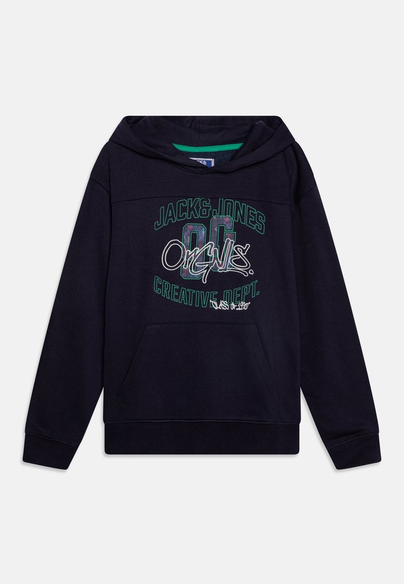 Haut à capuche bleu marine en matériau doux, comportant une poche kangourou à l'avant, un design graphique en texte vert et blanc, et une capuche avec cordon de serrage.