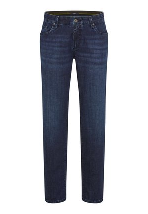 Donkerblauwe spijkerbroek met een rechte pijp, vijf zakken en een ritssluiting. Heeft subtiele wassing en contrasterende stiksels.