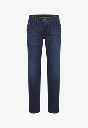 Mørkeblå denim jeans med lige ben design, fem lommer og lynlås. Har subtile slidmærker og kontrasterende syninger.