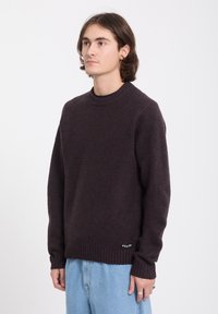 Jeune homme aux cheveux foncés mi-longs, portant un pull brun foncé et un jean bleu clair, debout devant un fond blanc uni.