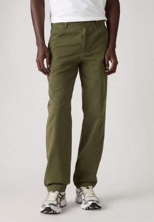 Olive green, straight-leg pants made of cotton with a smooth texture. Features a flat front, belt loops, and a button closure.