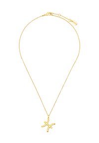 Złoty naszyjnik łańcuszkowy z zawieszką o teksturowanym, organicznym kształcie przypominającym symbol Ryb. Zawiera zapięcie typu karabińczyk oraz regulowaną długość.