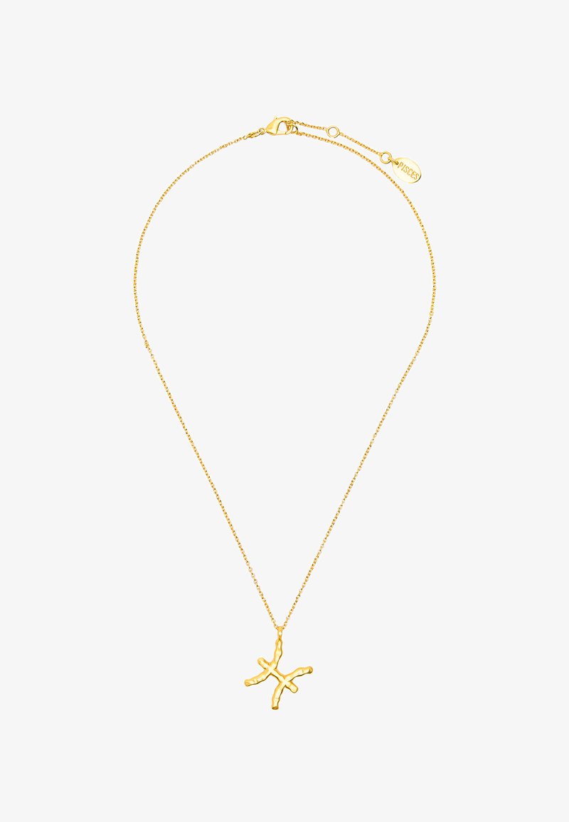 Złoty naszyjnik łańcuszkowy z zawieszką o teksturowanym, organicznym kształcie przypominającym symbol Ryb. Zawiera zapięcie typu karabińczyk oraz regulowaną długość.
