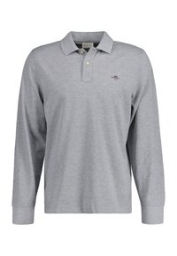 Polo shirt grigio a maniche lunghe in cotone, con colletto, patta con tre bottoni e un piccolo logo ricamato sul petto.