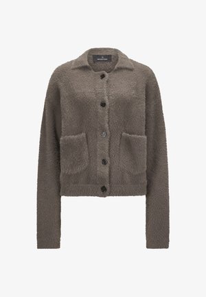 Weicher, strukturiertes dunkelbraunes Knopf-Cardigan mit Kragen, zwei aufgesetzten Taschen, langen Ärmeln und verkürztem Saum.
