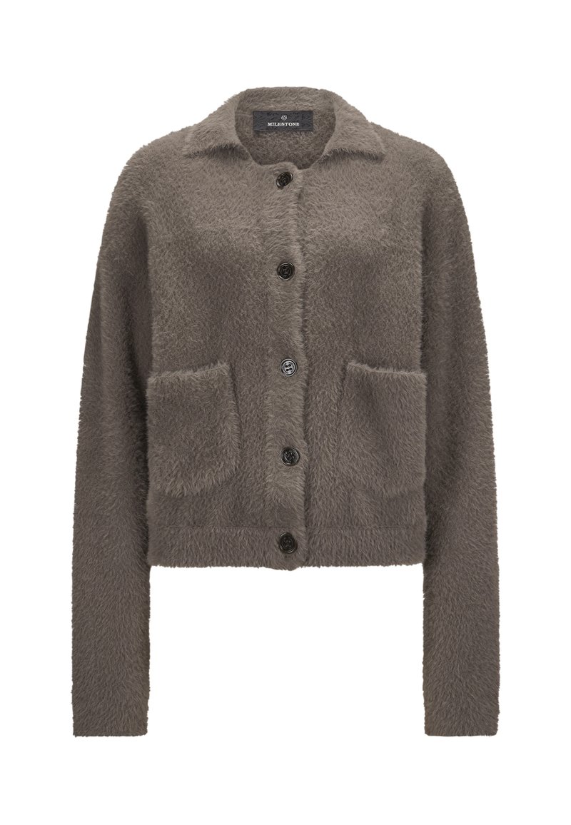 Weicher, strukturiertes dunkelbraunes Knopf-Cardigan mit Kragen, zwei aufgesetzten Taschen, langen Ärmeln und verkürztem Saum.