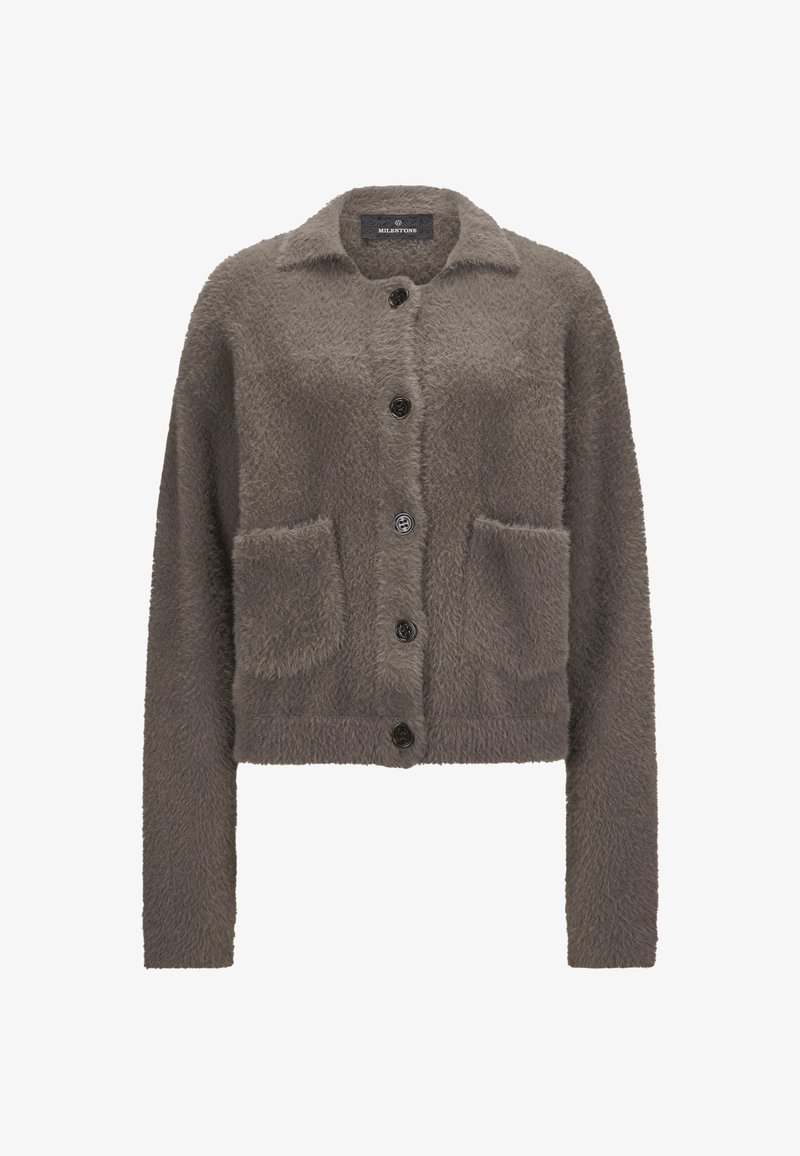 Weicher, strukturiertes dunkelbraunes Knopf-Cardigan mit Kragen, zwei aufgesetzten Taschen, langen Ärmeln und verkürztem Saum.
