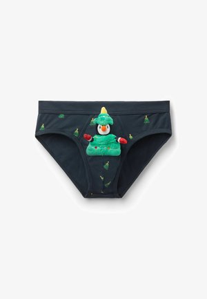 Calzoncillos negros de algodón para hombre con bordado de árbol de Navidad verde y un detalle de pingüino de peluche en el frente, con guantes rojos y un sombrero verde.