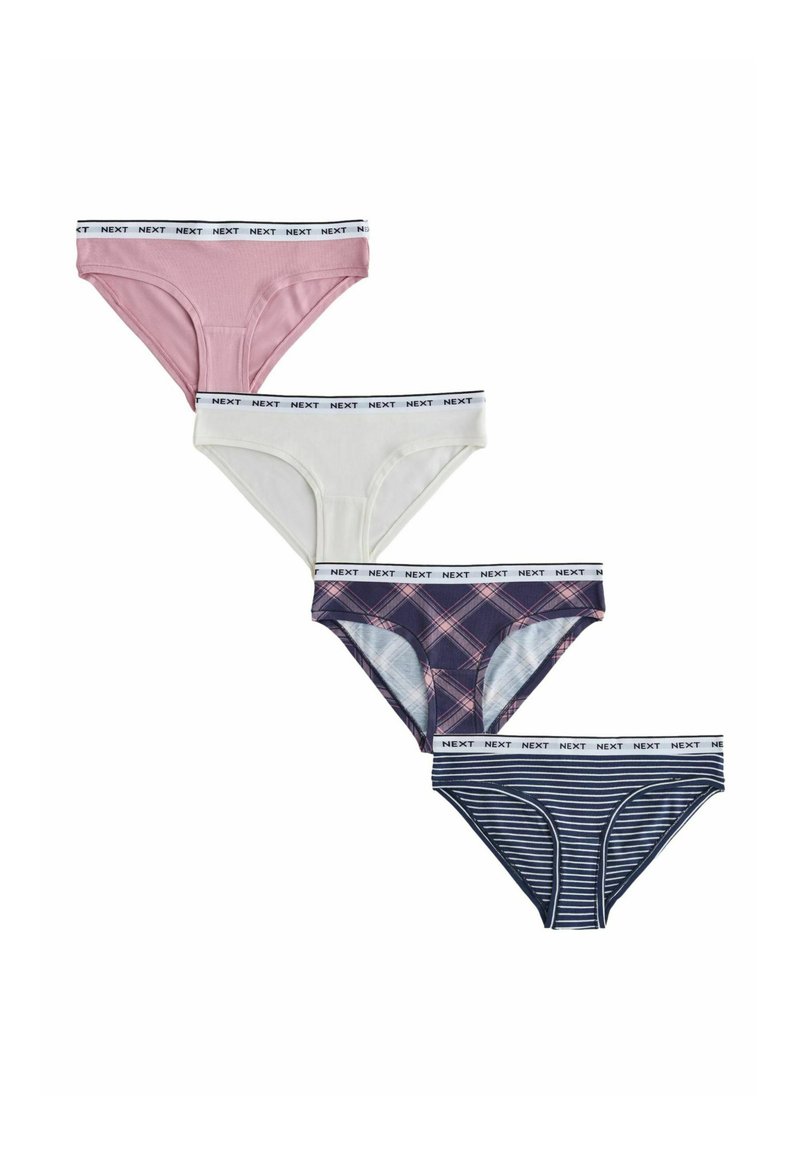 Fire kvinders bikini-undertøj i pink, hvid, lilla tern og marineblå striber, hver med en taljebånd med "NEXT"-mærke.