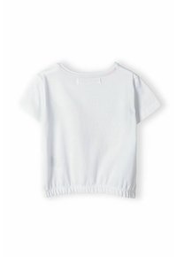 Hvid bomulds kortærmet top med en buet halsudskæring og elastisk kant for et tætsiddende look. Glat tekstur uden mønstre eller accenter.