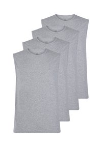 Quattro magliette senza maniche in cotone grigio disposte in formazione sovrapposta, con scollature rotonde e una texture morbida e liscia.