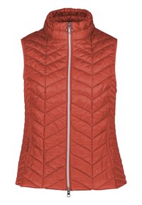 Bez rękawów, ceglany, pikowany kamizelka z wysokim kołnierzem i zamkiem błyskawicznym z okrągłym metalowym uchwytem.