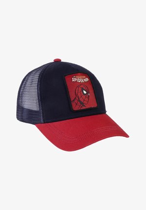 Berretto da baseball rosso e blu navy con lati in rete, presenta una toppa quadrata con un design di Spider-Man sul davanti. Visiera curva e dettagli cuciti.