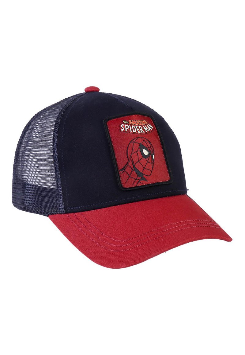 Rote und marineblaue Baseballmütze mit Mesh-Seiten, ausgestattet mit einem quadratischen Patch, der ein Spider-Man-Design auf der Vorderseite zeigt. Mit gebogenem Schild und gesteppten Details.