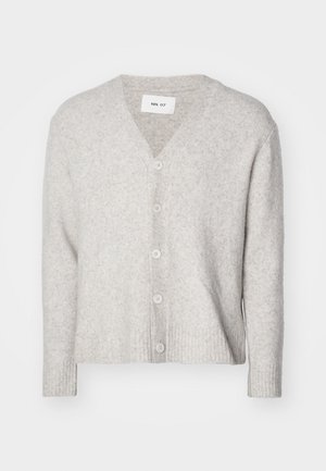 Light gray, wool blend cardigan with a v-neck, ribbed cuffs and hem, featuring five buttons down the front and a soft textured finish.