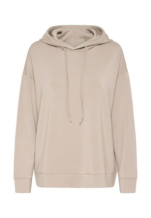 Beige huppari, jossa on rento leikkaus, naru yksityiskohtana ja ribattu hihansuu. Pehmeä kangas, jossa on vain vähän saumoja sujuvan ulkonäön saavuttamiseksi.