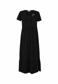 Mustapuku, jossa on lyhyet hihat, V-painatus ja kerätty vyötärö. Koristeltu värikkäällä brodeerauksella kaula-aukon ympärillä. Pehmeä, sileä kangas.