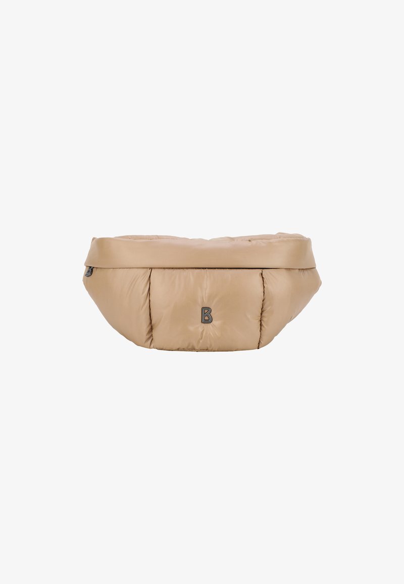 Borsa beige gonfia con forma arrotondata, caratterizzata da un prominente logo "B" e due scomparti con zip sul davanti. Realizzata in materiale morbido e testurizzato.