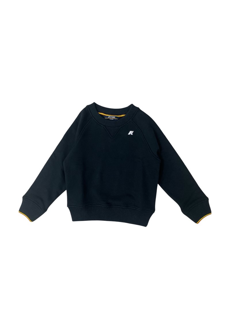 Felpa nera con scollo a V, polsini e orlo a costine. Presenta un piccolo logo sul petto e un accento giallo sui polsini delle maniche.