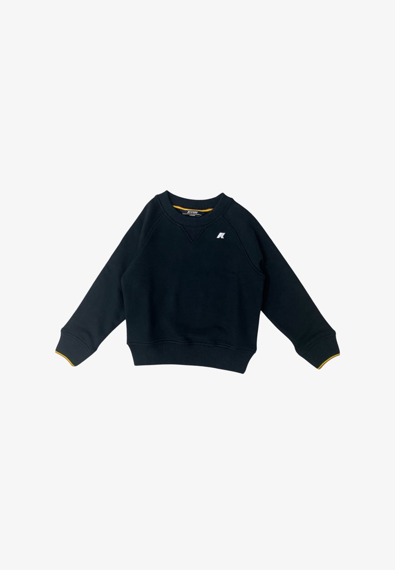 Felpa nera con scollo a V, polsini e orlo a costine. Presenta un piccolo logo sul petto e un accento giallo sui polsini delle maniche.