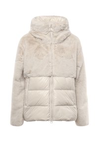 Gepolsterte Jacke mit einem oberen Teil aus weichem Kunstpelz in hellem Beige, einem glänzenden, glatten unteren Abschnitt, einer Kapuze und einem Frontreißverschluss.