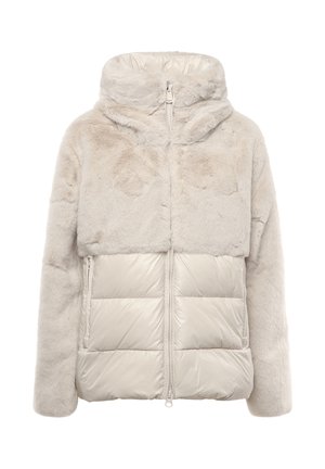 Gepolsterte Jacke mit einem oberen Teil aus weichem Kunstpelz in hellem Beige, einem glänzenden, glatten unteren Abschnitt, einer Kapuze und einem Frontreißverschluss.