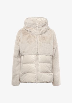 Gewatteerd jack met een zachte imitatiebont bovenkant in lichtbeige, een glanzend glad onderste gedeelte, een capuchon en een rits aan de voorkant.