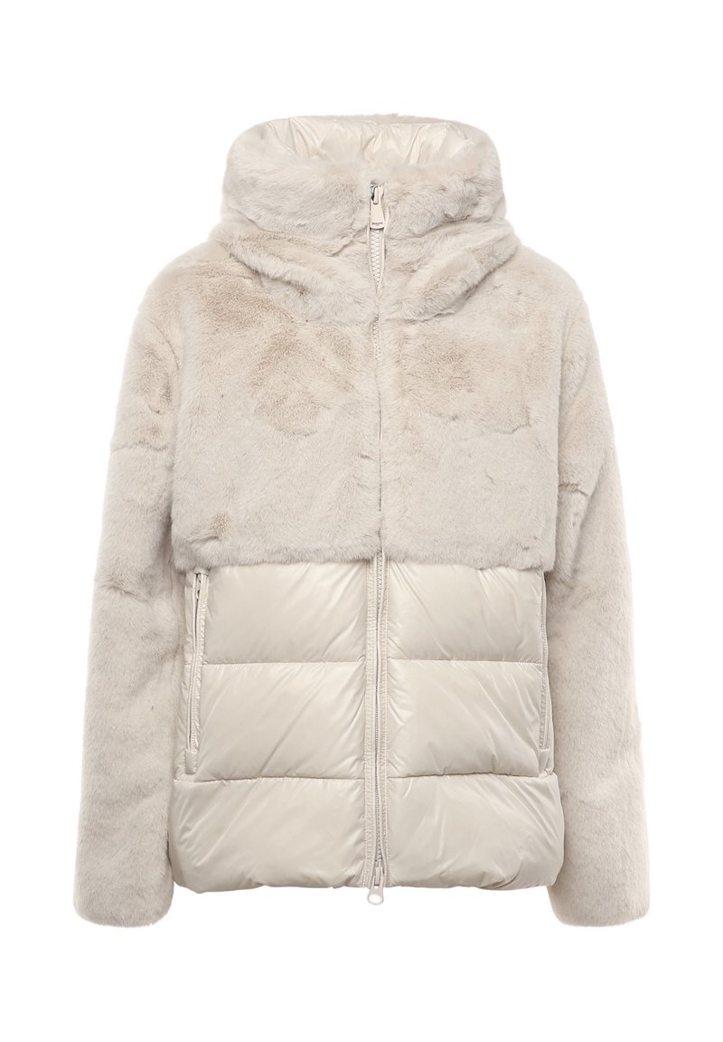 Gepolsterte Jacke mit einem oberen Teil aus weichem Kunstpelz in hellem Beige, einem glänzenden, glatten unteren Abschnitt, einer Kapuze und einem Frontreißverschluss.