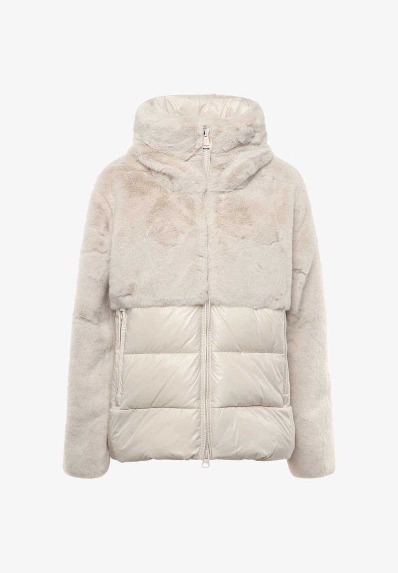 Gepolsterte Jacke mit einem oberen Teil aus weichem Kunstpelz in hellem Beige, einem glänzenden, glatten unteren Abschnitt, einer Kapuze und einem Frontreißverschluss.